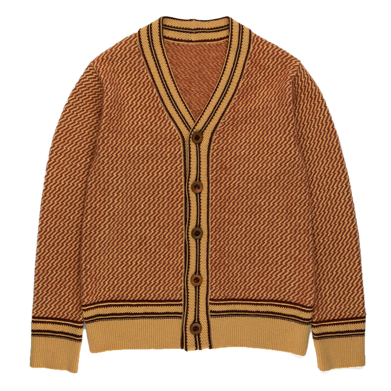 Cardigan Tricot Chevron des Années 60 pour Hommes – V-Neck Boutonné Marron & Rouille