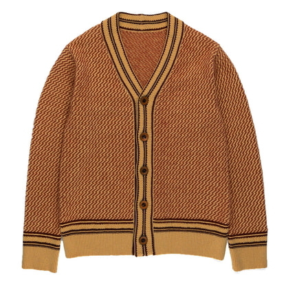 Cardigan Tricot Chevron des Années 60 pour Hommes – V-Neck Boutonné Marron & Rouille