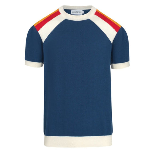 T-shirt Tricot Colorblock pour Hommes des Années 70 – Col Rond Rayé Bleu