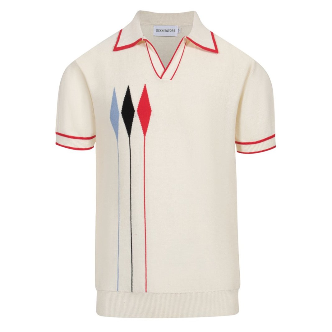Polo en Tricot Vintage pour Hommes des Années 1970 – Crème Rétro avec Graphique Flèche Rouge, Noire & Bleue
