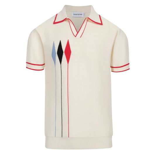 Polo en Tricot Vintage pour Hommes des Années 1970 – Crème Rétro avec Graphique Flèche Rouge, Noire & Bleue