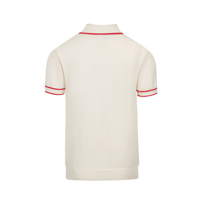 Polo en Tricot Vintage pour Hommes des Années 1970 – Crème Rétro avec Graphique Flèche Rouge, Noire & Bleue