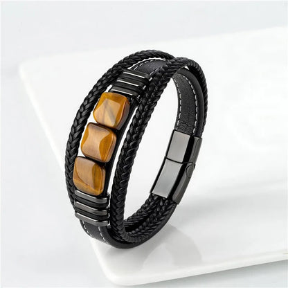 Bracelet en Œil de Tigre 3 Pierres pour Hommes