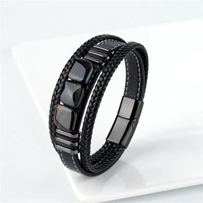 Bracelet en Œil de Tigre 3 Pierres pour Hommes