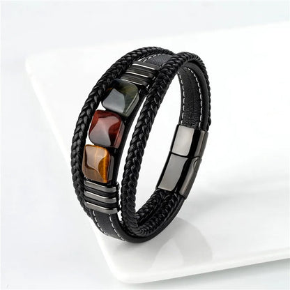 Bracelet en Œil de Tigre 3 Pierres pour Hommes